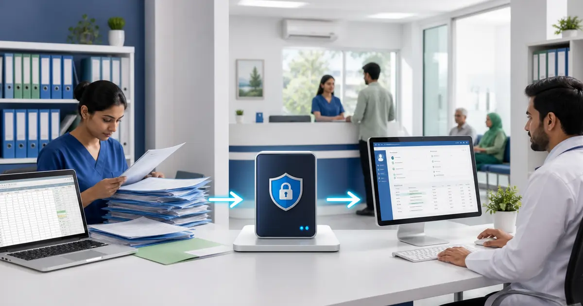 Clinic Backup, Export and Data Migration Guide workflow illustration for a Bangladesh clinic