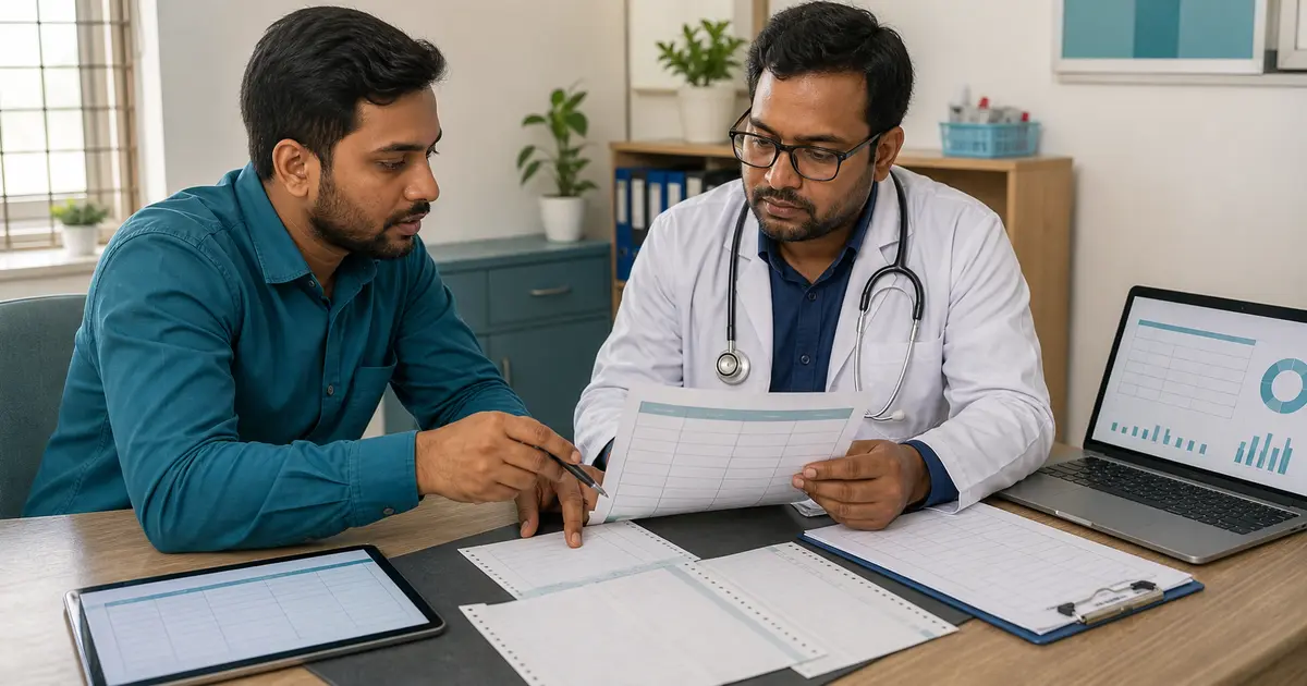 Clinic manager reviewing an auditable doctor settlement statement with visit and payment records