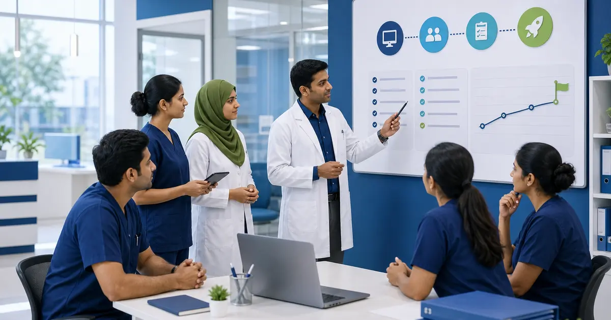Clinic Software Implementation and Training Checklist workflow illustration for a Bangladesh clinic